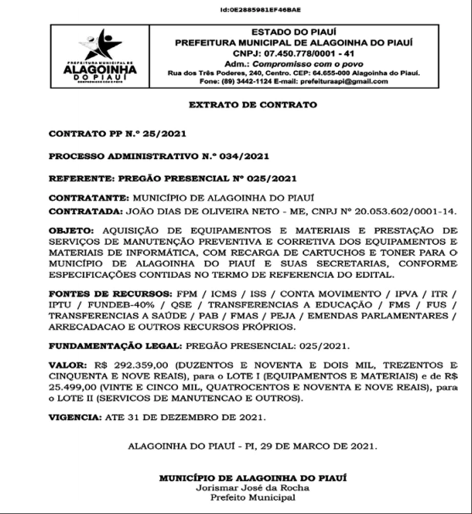 Extrato da contratação da empresa João Dias de Oliveira Neto-ME pelo prefeito Jorismar Rocha