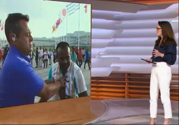 Eric Faria empurra torcedor durante transmissão