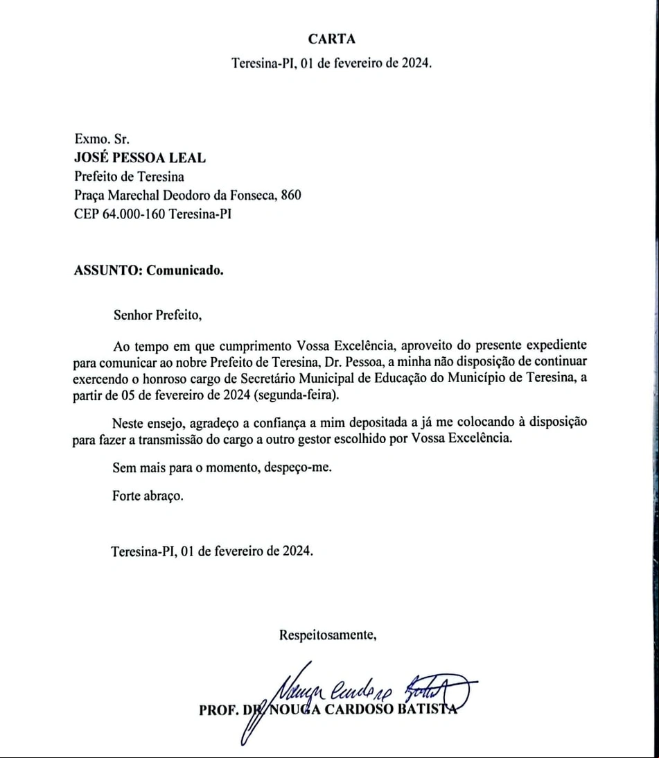Carta apresentada por Nouga Cardoso