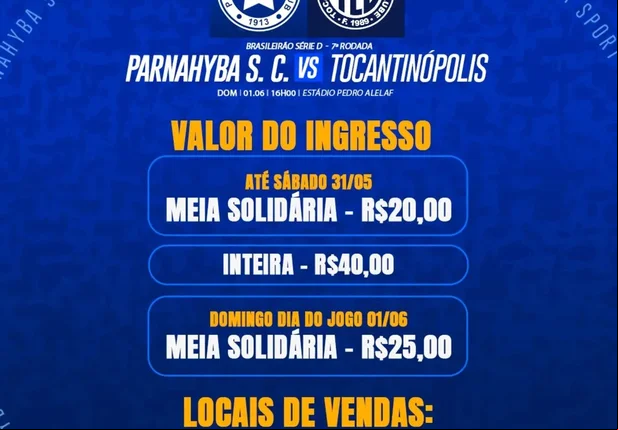 Confira os preços dos ingressos entre Parnahyba e Tocantinópolis