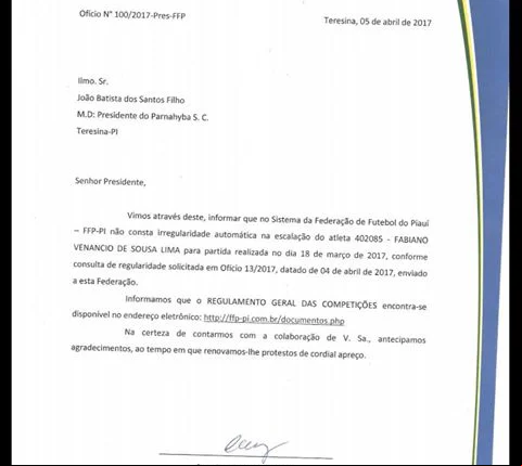 Nota divulgada pela federação de Futebol